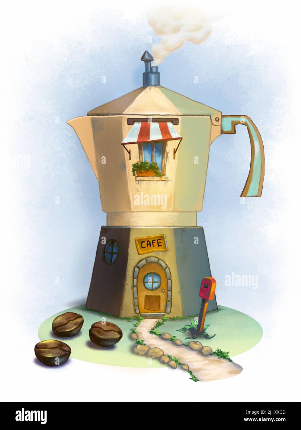 Edificio en forma de máquina de café moka. Ilustración digital. Foto de stock