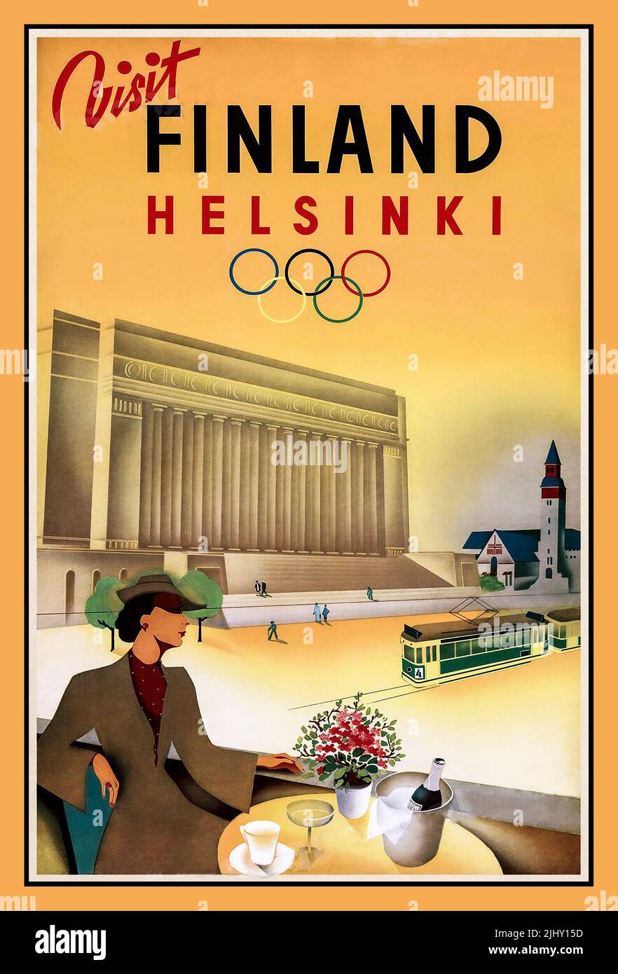 Póster de viaje de la época de los años 50 'Visit Finland': Póster de los Juegos Olímpicos de verano de 1952 en Helsinki, Finlandia, que incluye a una elegante dama con botella de champán y una refrescante sesión en el Alfresco Helsinki Cafe con el tranvía verde de Helsinki detrás. Foto de stock
