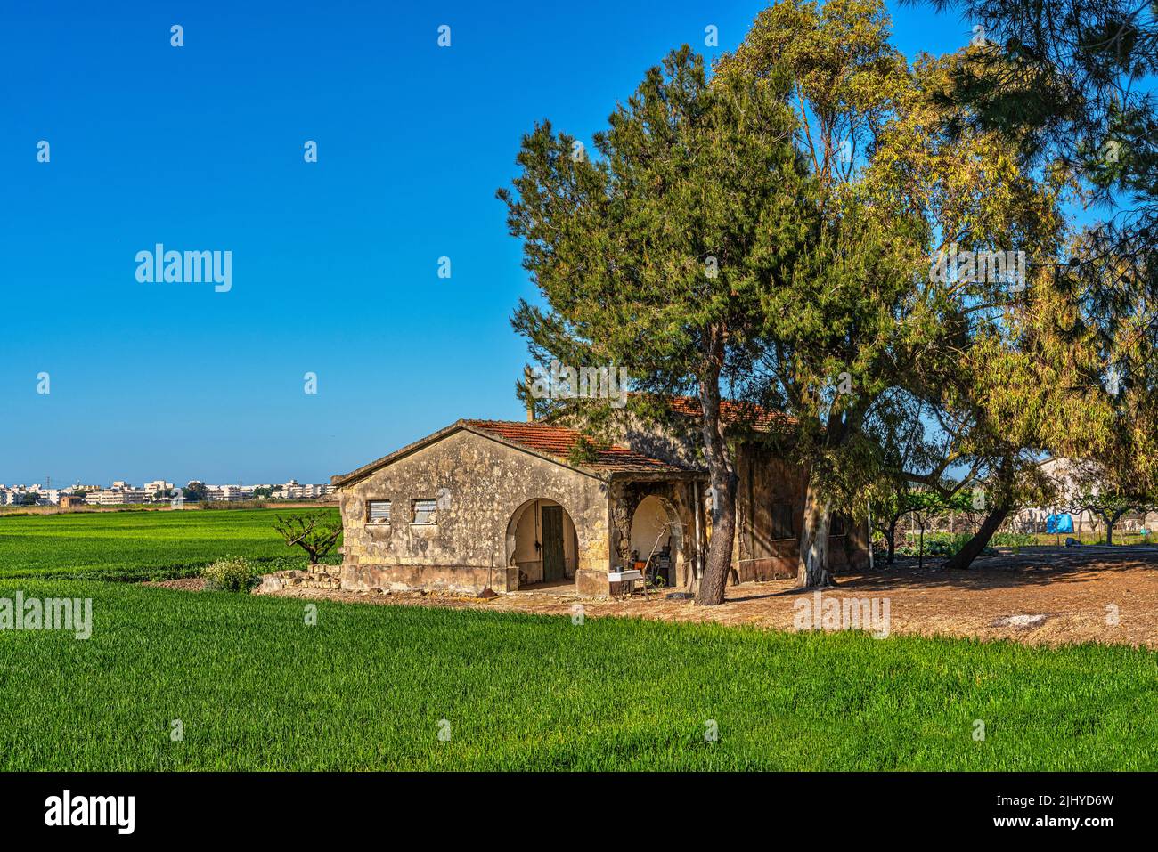 Típica casa rural con pórtico arqueado en el campo de Apulia. Gargano, provincia de Foggia, Puglia, Italia, Europa Foto de stock