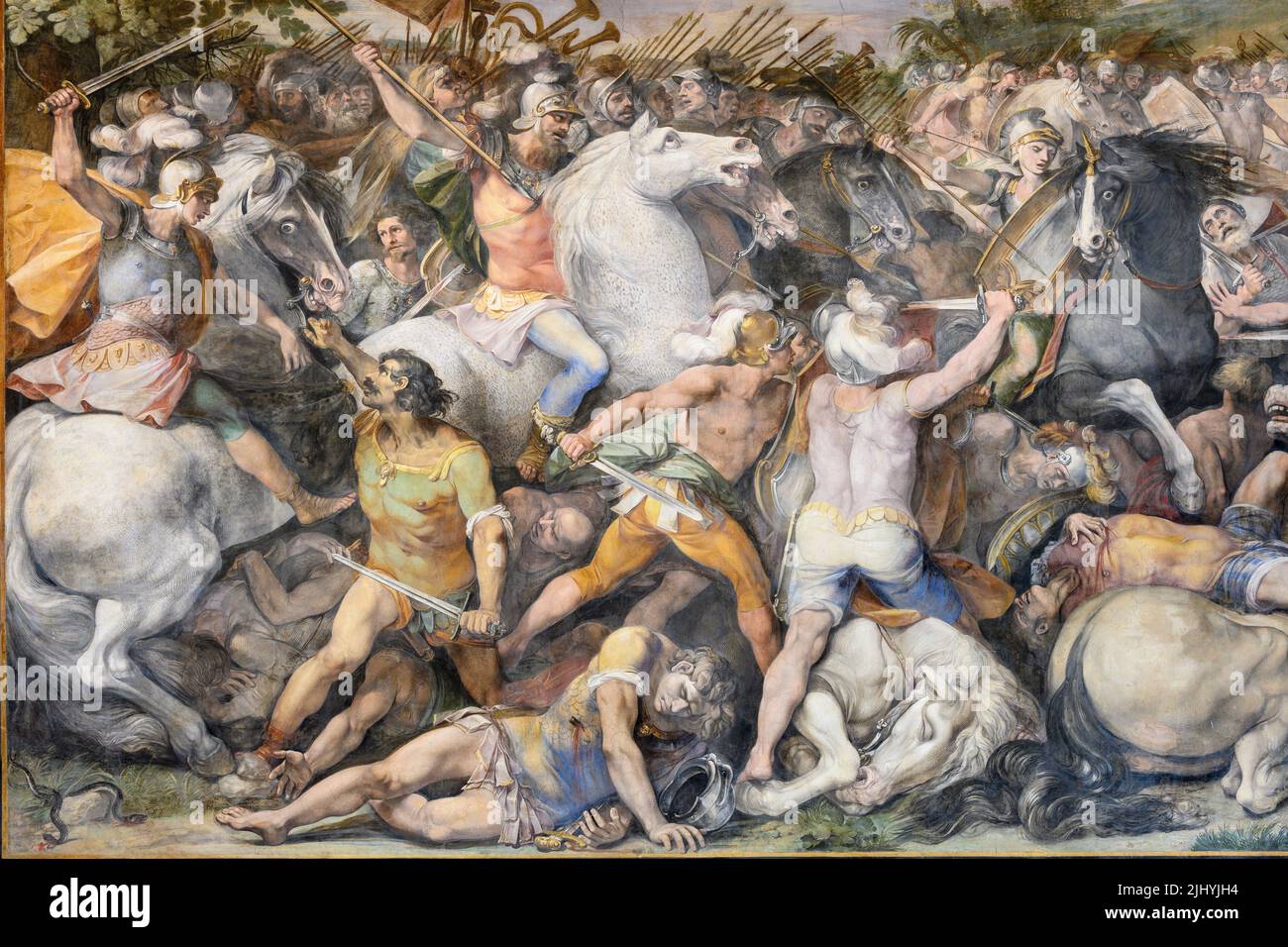 Detalle de un fresco del siglo 17th de la batalla de los Horatii y Curiatii pintado por Giuseppe Cesari. En el Gran Salón, Palazzo dei Conservatori, C Foto de stock