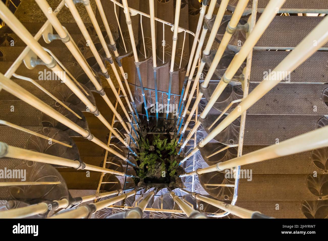 Escalera en espiral art nouveau de metal en el castillo de Ljubljana. Eslovenia. Plantas en la planta baja Foto de stock