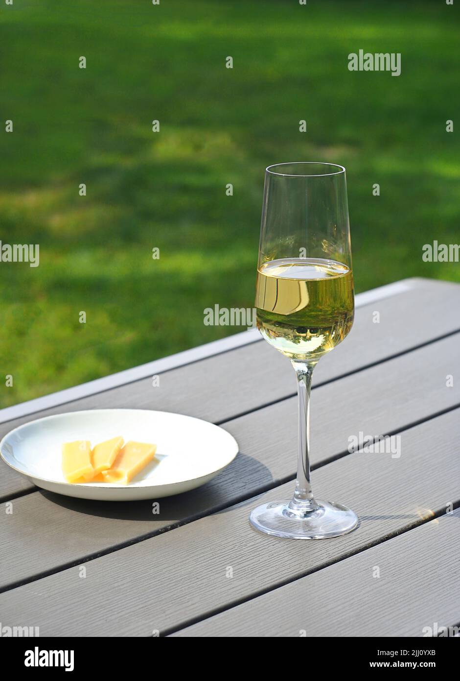 Una copa de vino blanco seco se encuentra sobre una mesa en el jardín. Día de verano Foto de stock