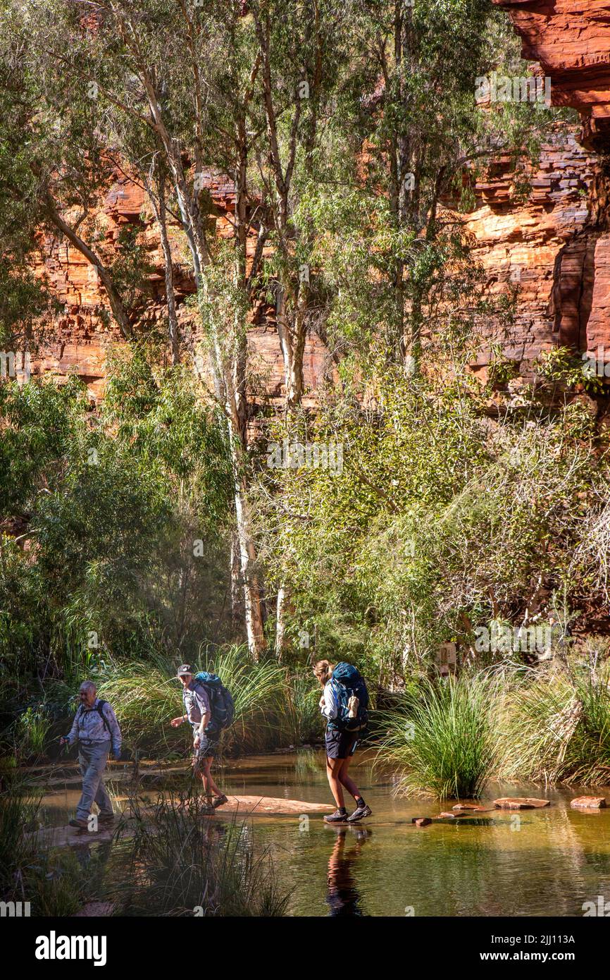 Excursionistas cruzando el arroyo en Dales Gorge, Parque Nacional de Karijini Foto de stock