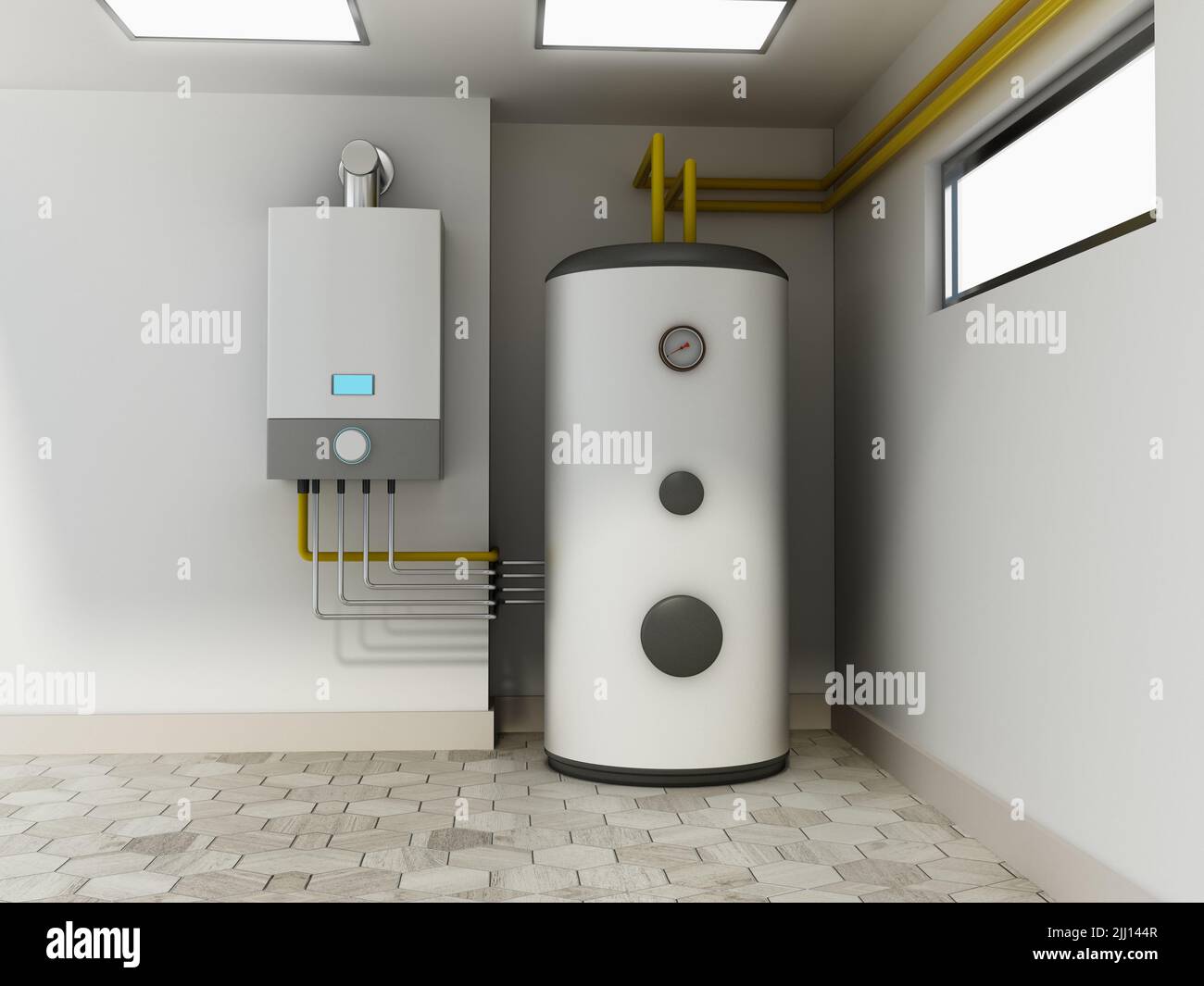 Calentadores de agua eléctricos conectados con tuberías de agua industriales. Ilustración 3D. Foto de stock