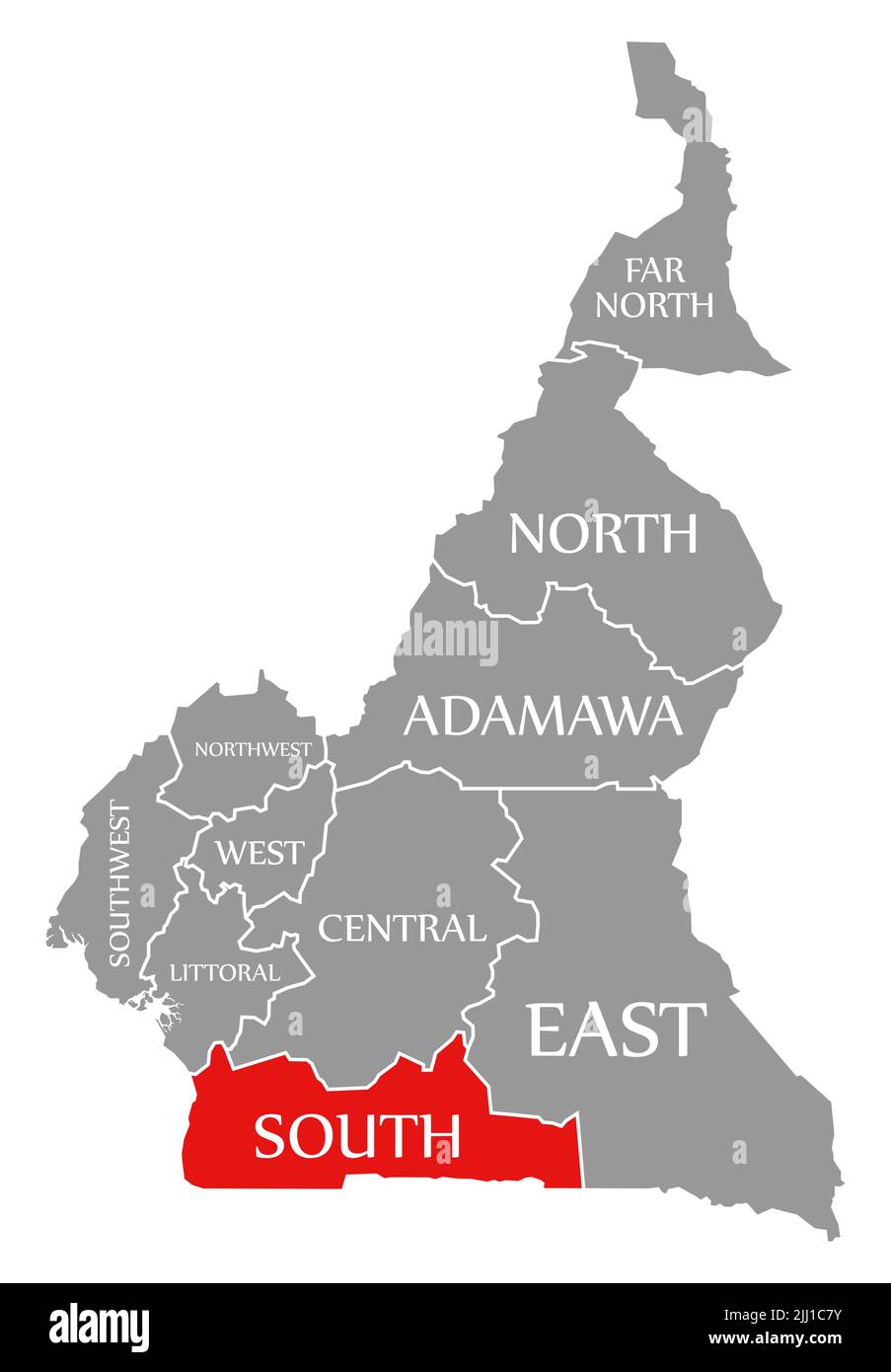 Región Sur resaltada en rojo en el mapa de Camerún Foto de stock