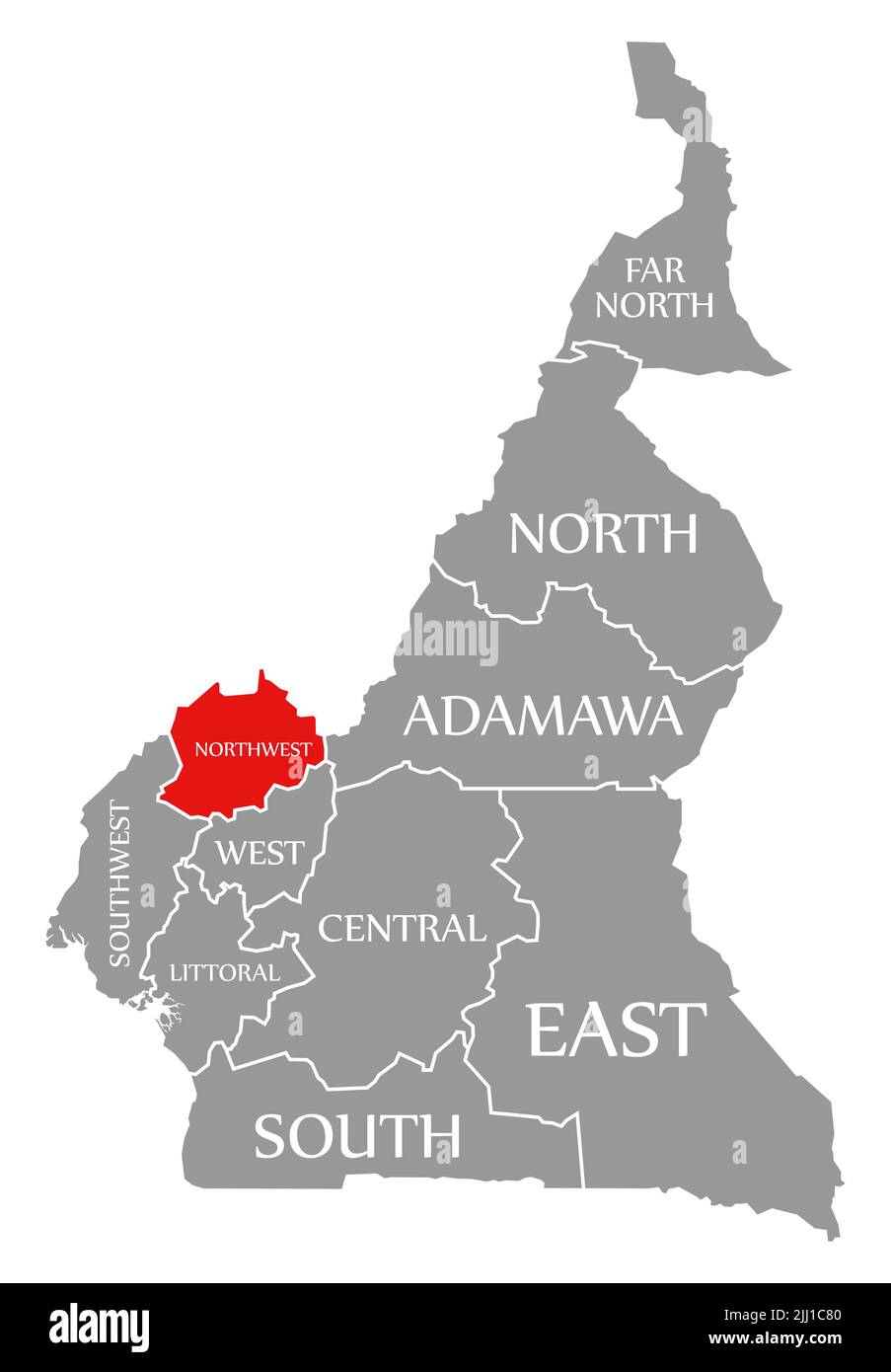 Región noroeste resaltada en rojo en el mapa de Camerún Foto de stock