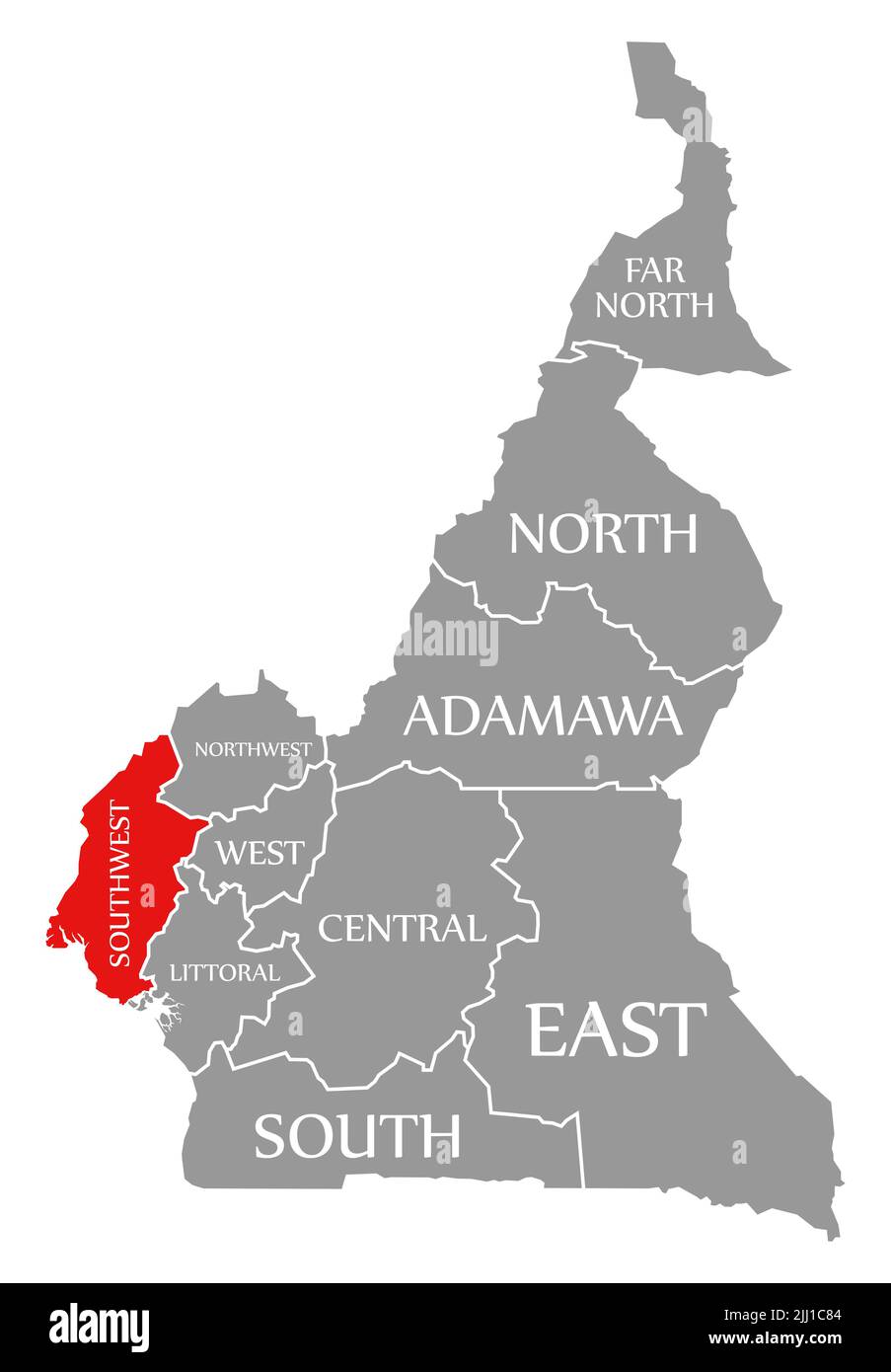 La región suroeste se destaca en rojo en el mapa de Camerún Foto de stock