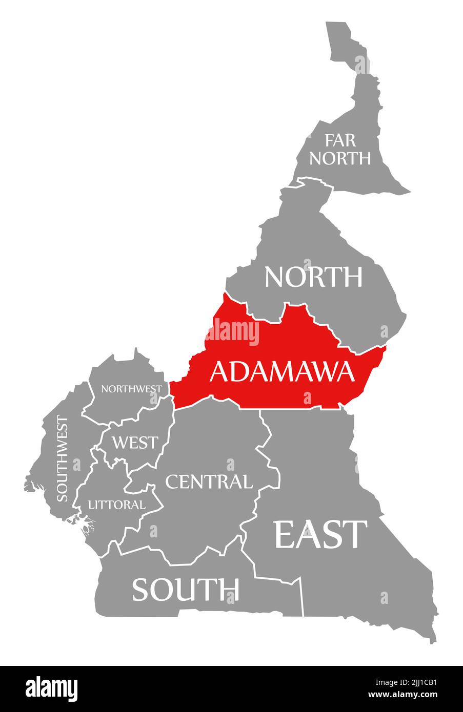 La región de Adamawa se destaca en rojo en el mapa de Camerún Foto de stock
