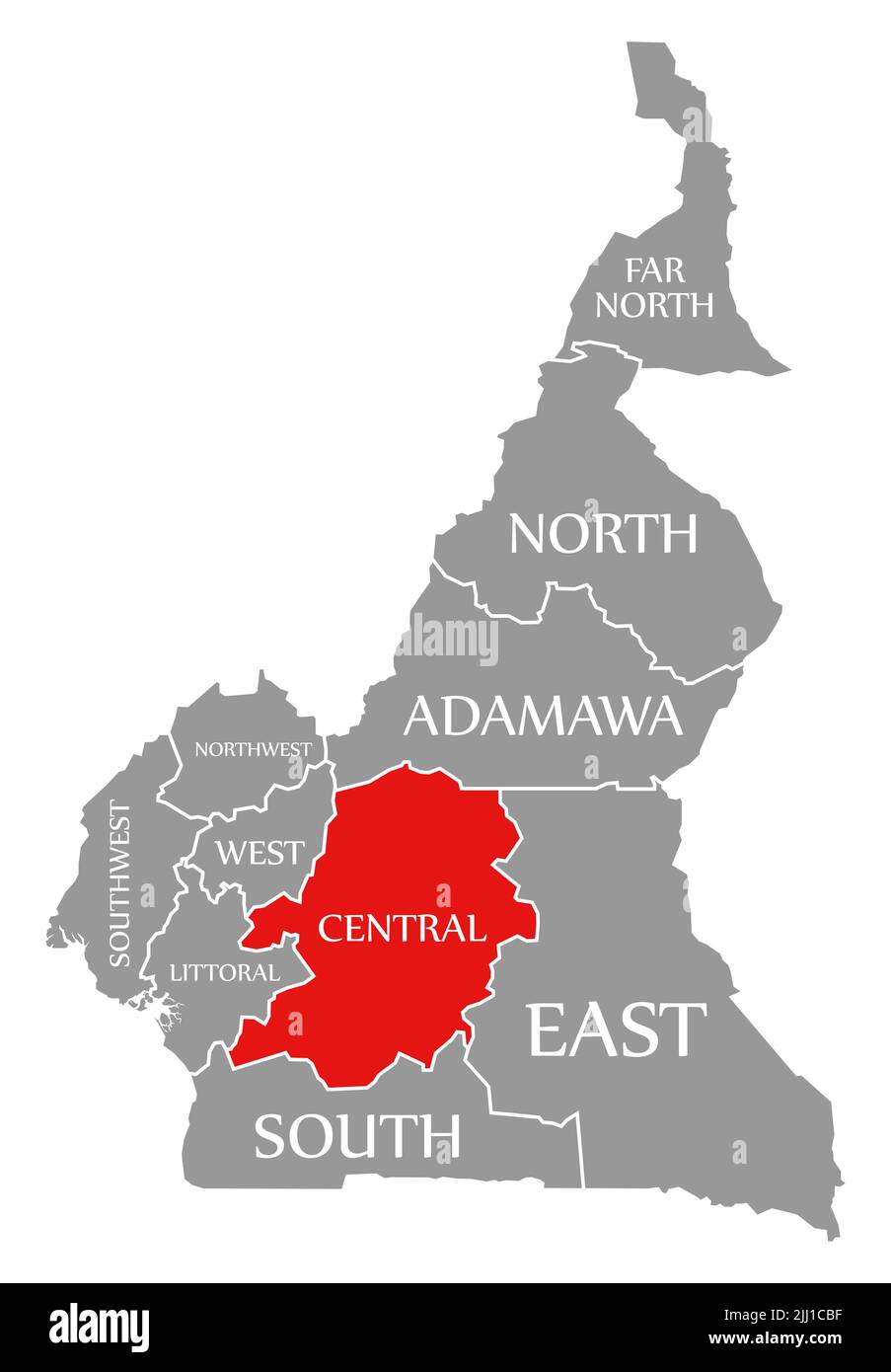 Región central resaltada en rojo en el mapa de Camerún Foto de stock