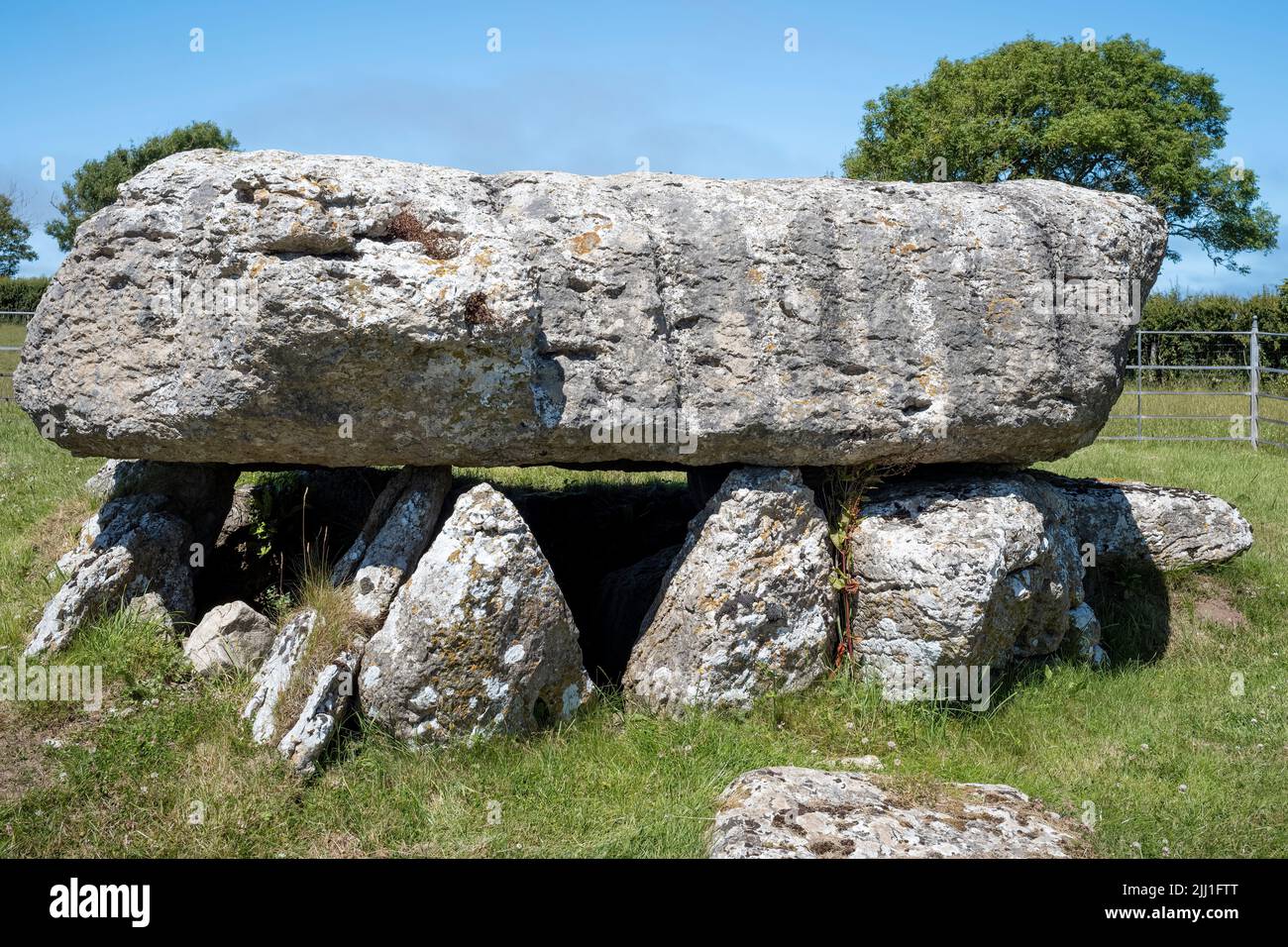 La notable piedra angular de 25 toneladas y los pilares de apoyo de la cámara funeraria neolítica en Lligwy, Moelfre, Anglesey, Gales, Reino Unido Foto de stock