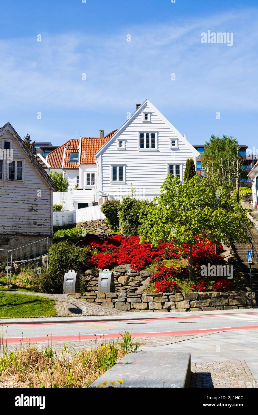 Tradicionales casas de madera blancas en Nedre Strandgate, Stavanger, Noruega Foto de stock