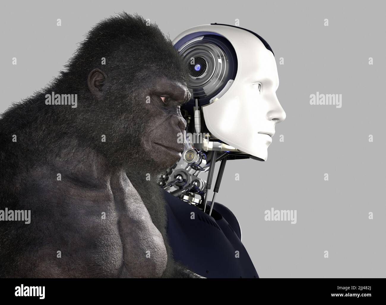 Mono y un robot, ilustración. Foto de stock