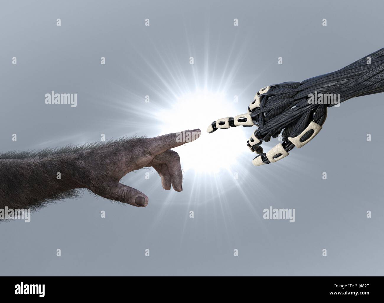 Mono sosteniendo la mano de un robot, ilustración. Foto de stock