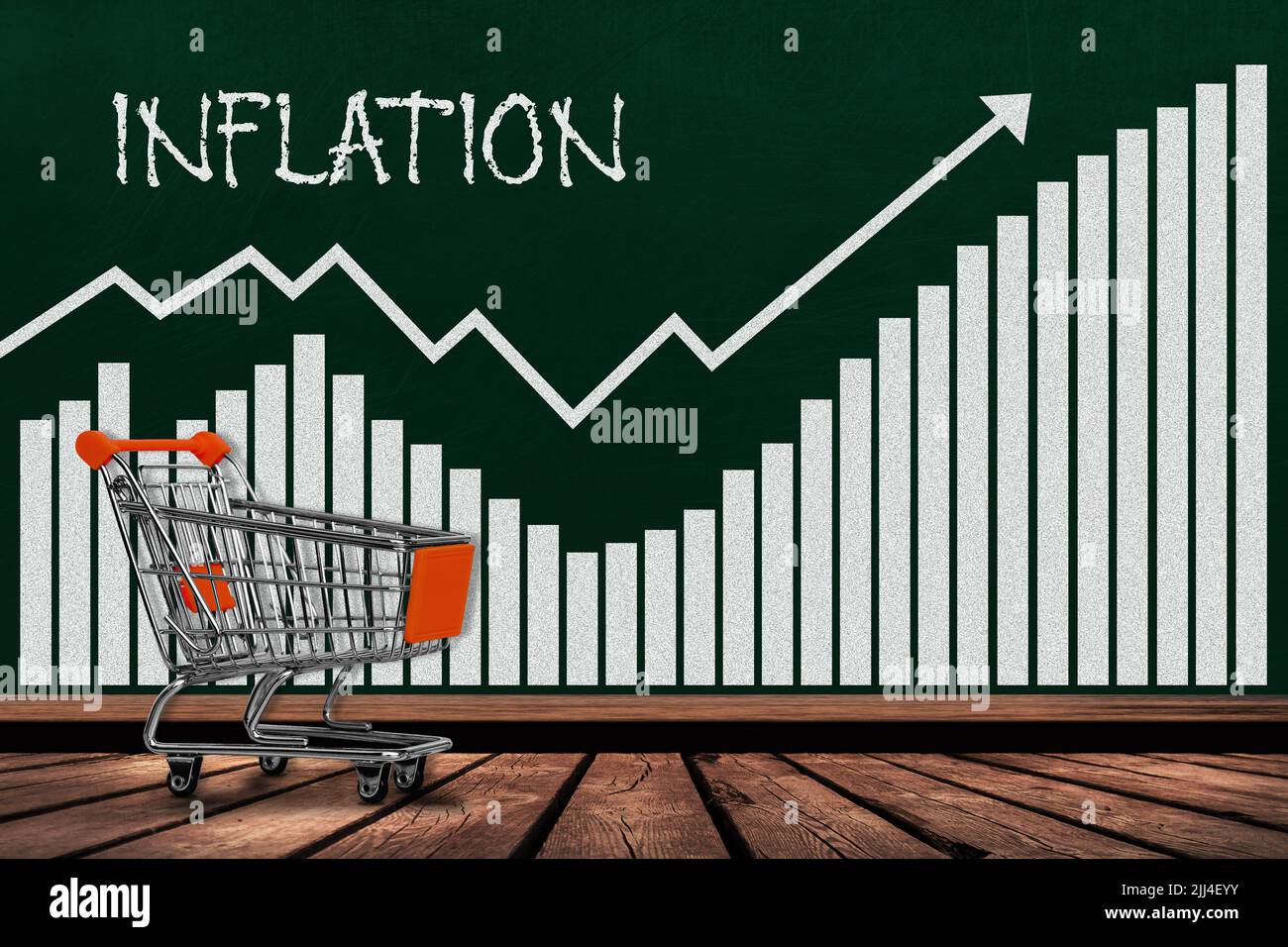 Concepto de inflación creciente mostrado por el aumento de gráfico de barras en pizarra con carrito de compras vacío en mesa de madera. Foto de stock