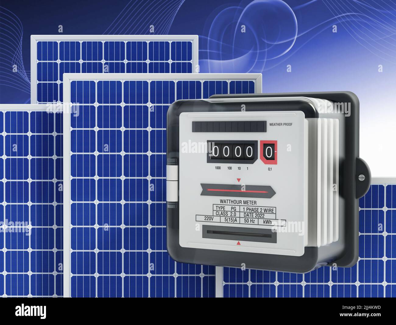 Paneles solares y medidor de electricidad sobre fondo azul. Ilustración 3D. Foto de stock