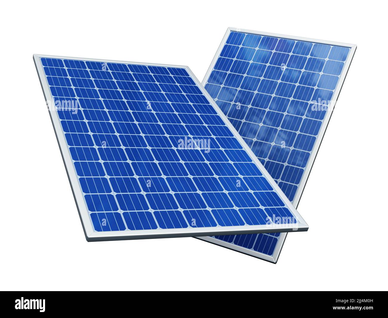 Paneles solares fotovoltaicos aislados sobre fondo blanco. Ilustración 3D. Foto de stock