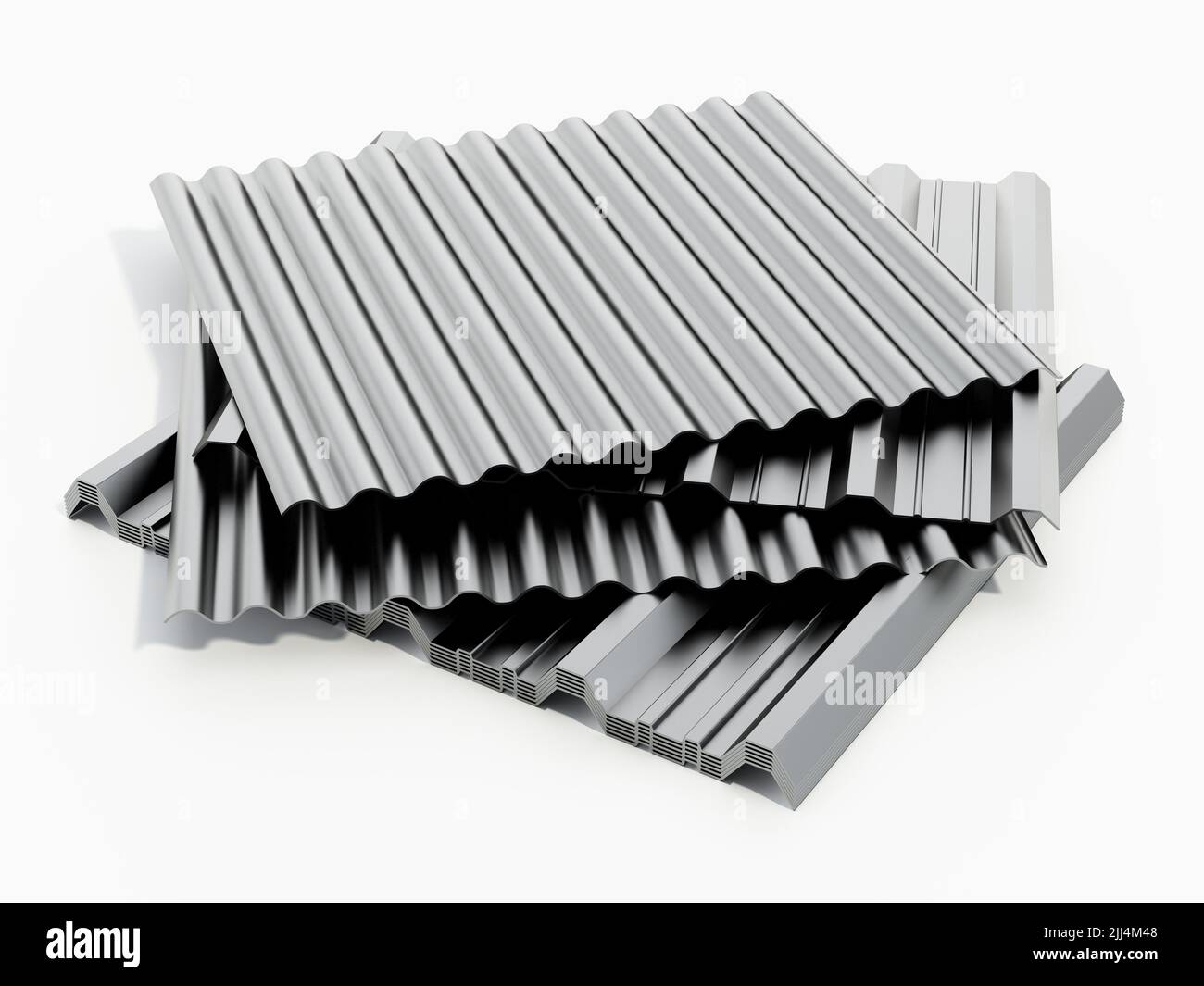 Láminas de metal corrugado aisladas sobre fondo blanco. Ilustración 3D. Foto de stock