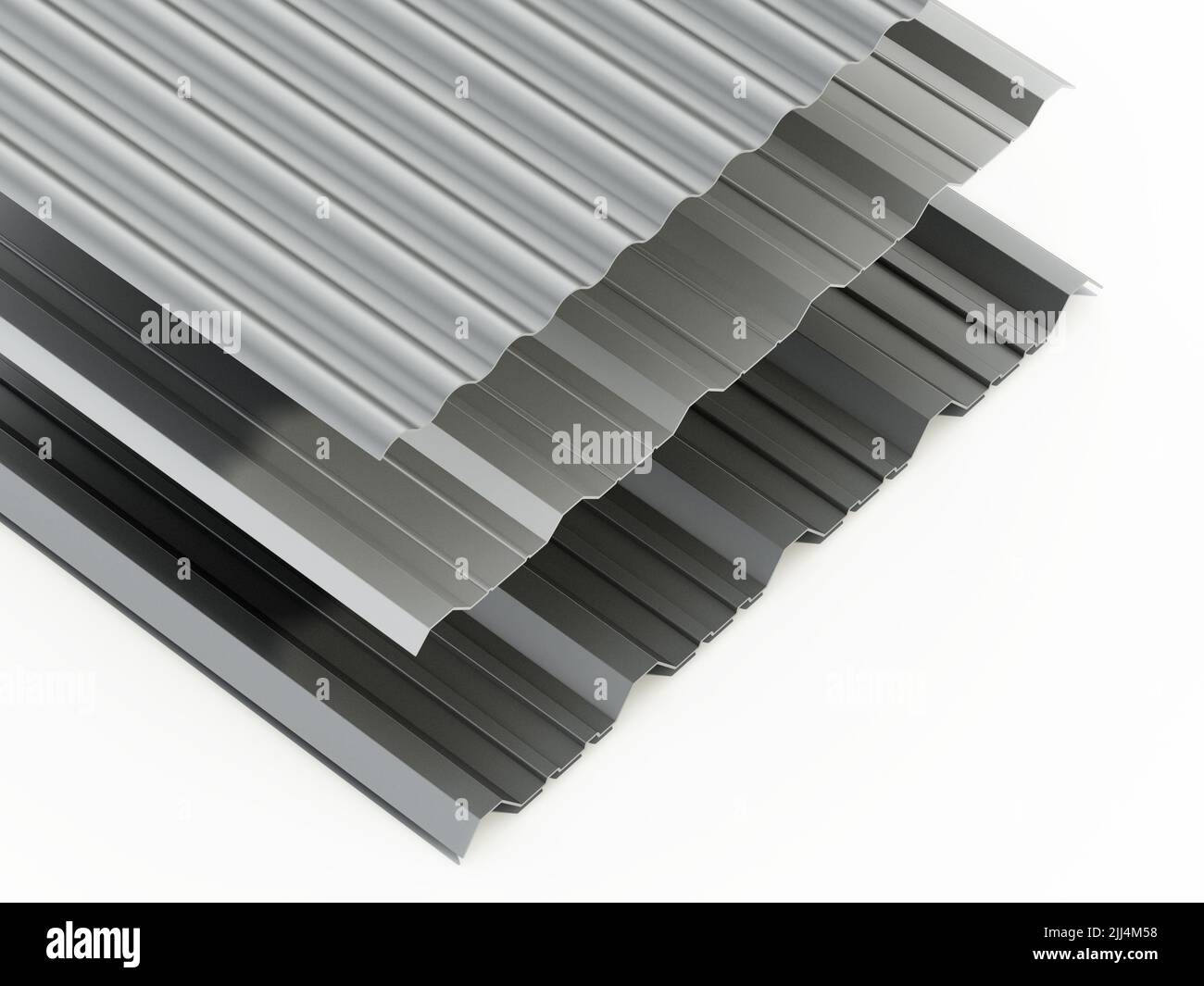 Láminas de metal corrugado aisladas sobre fondo blanco. Ilustración 3D. Foto de stock