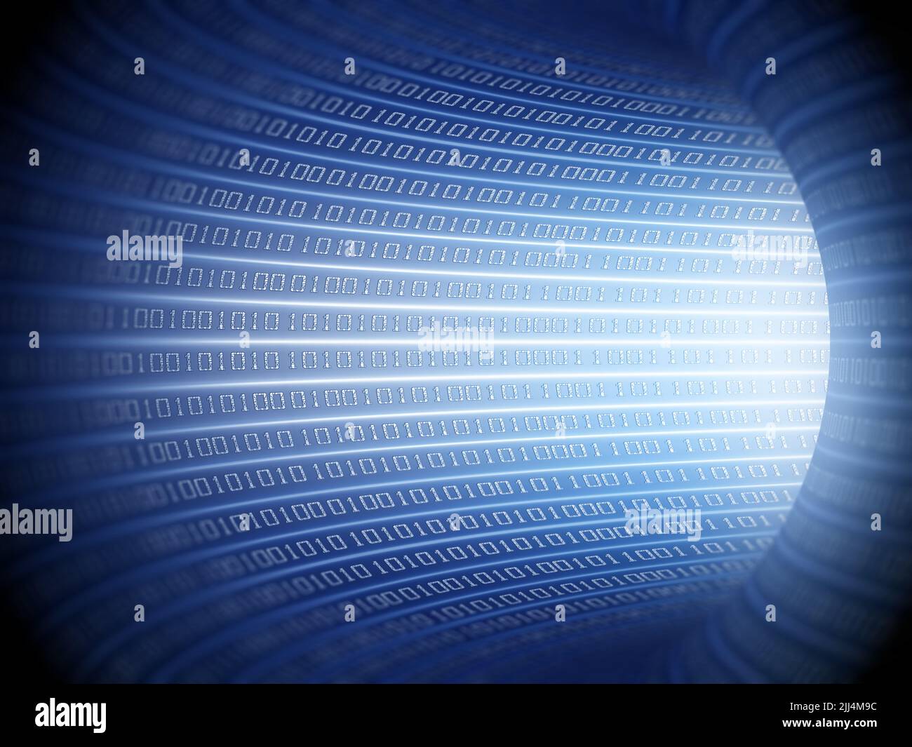 Túnel de software abstracto con textura de código binario. Ilustración 3D. Foto de stock