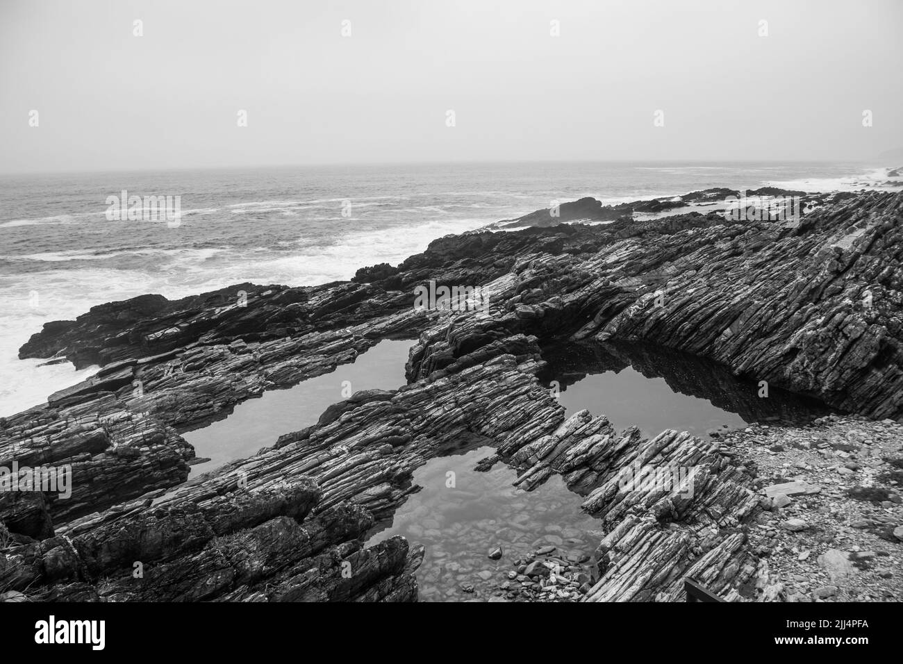 Marismas abrigadas a lo largo de los estratos rocosos dentados e inclinados de la costa de Tsitsikamma, Sudáfrica, en blanco y negro Foto de stock