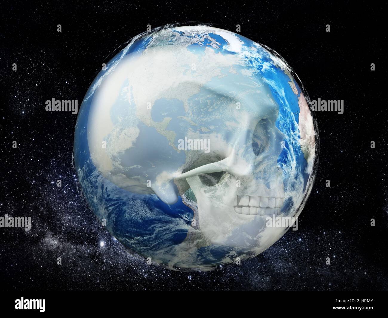 Cráneo sobre la tierra en cráneo. Ilustración 3D. Foto de stock
