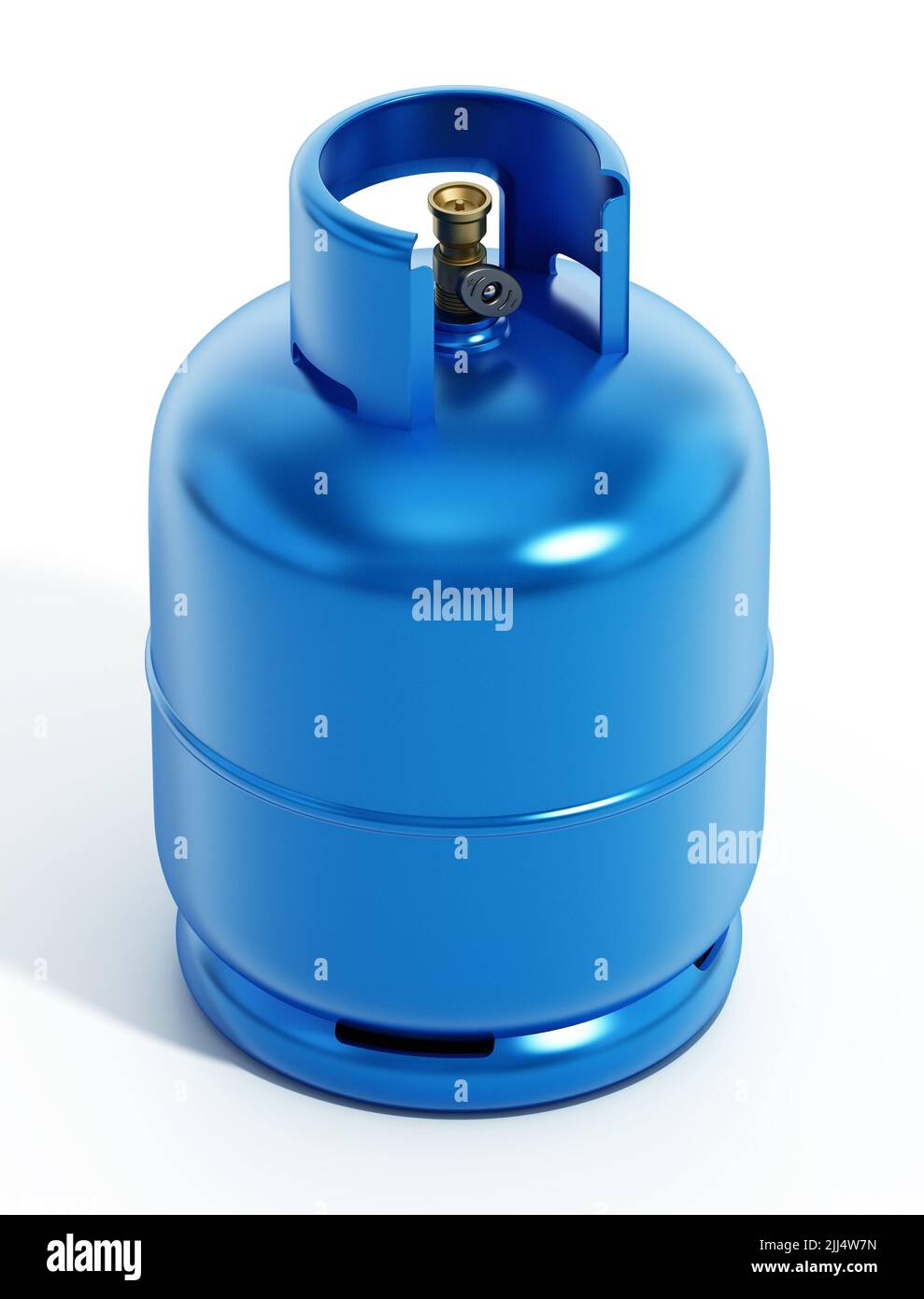 Cilindro de gas azul aislado sobre fondo blanco. Ilustración 3D. Foto de stock