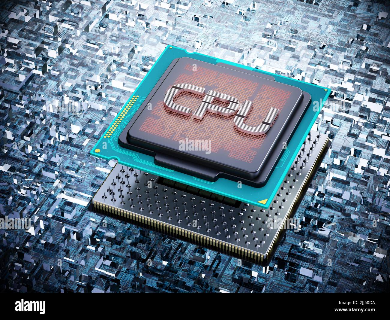 CPU genérica en la placa base. Ilustración 3D. Foto de stock
