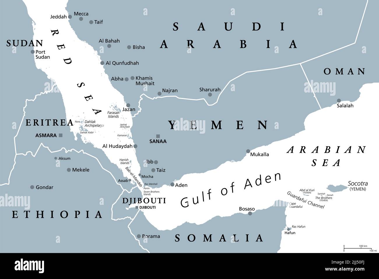 Zona del Golfo de Adén, mapa político gris. Golfo entre Yemen, Yibuti, el Canal de Guardafui, Socotra y Somalia, que conecta el Mar Arábigo con el Mar Rojo. Foto de stock