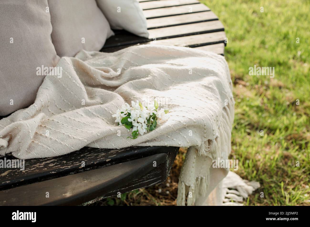Flor blanca sobre manta en banco en jardín Foto de stock