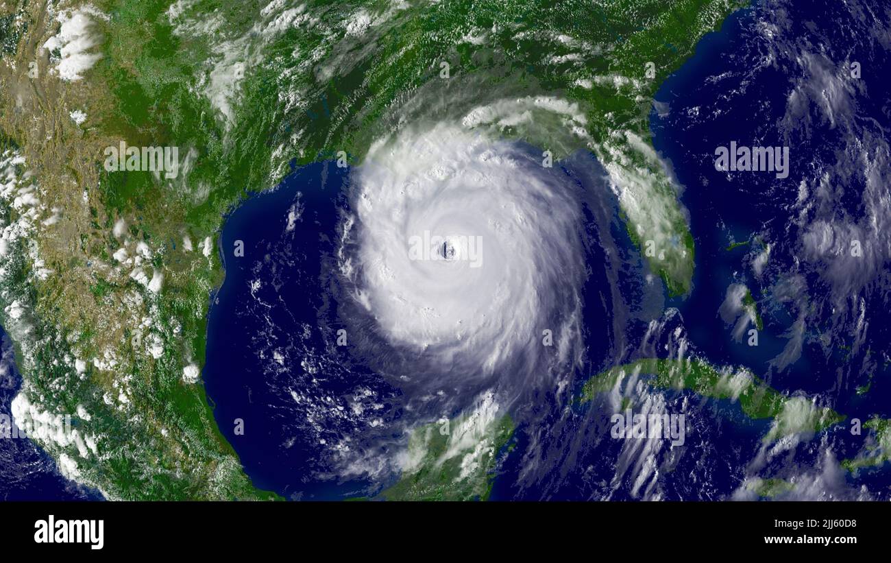 Huracán Katrina, una devastadora tormenta de categoría 5, en el Golfo de México el 28 de agosto de 2005, poco antes de aterrizar en el área de Nueva Orleans, Luisiana, temprano en la mañana del 29 de agosto. (ESTADOS UNIDOS) Foto de stock