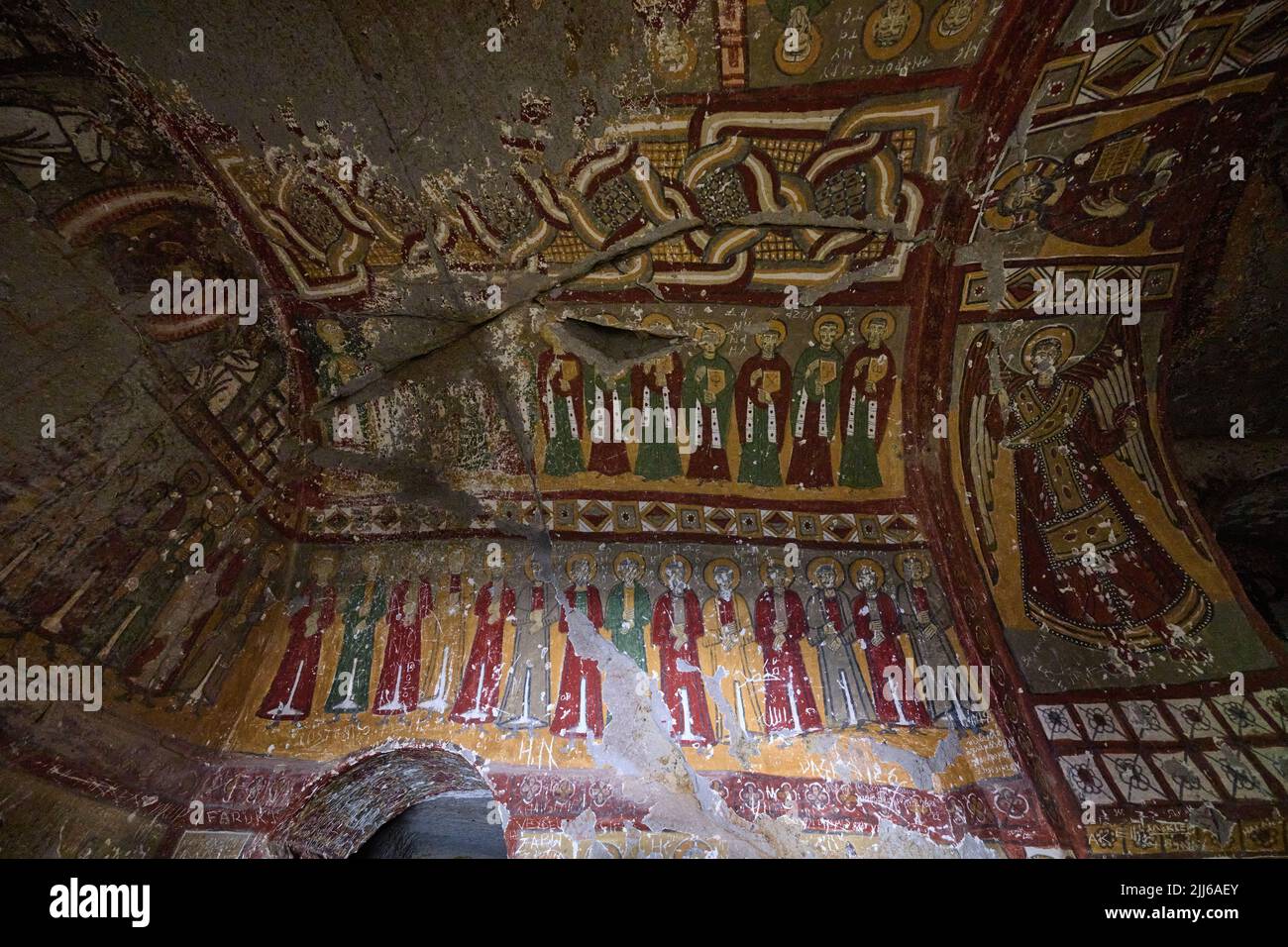 Frescos dentro de la iglesia de la serpiente o iglesia de Yilanli, valle de Ihlara o valle de Peristrema, Ihlara, provincia de Aksaray, Guzelyurt, Capadocia, Anatolia, Tu Foto de stock