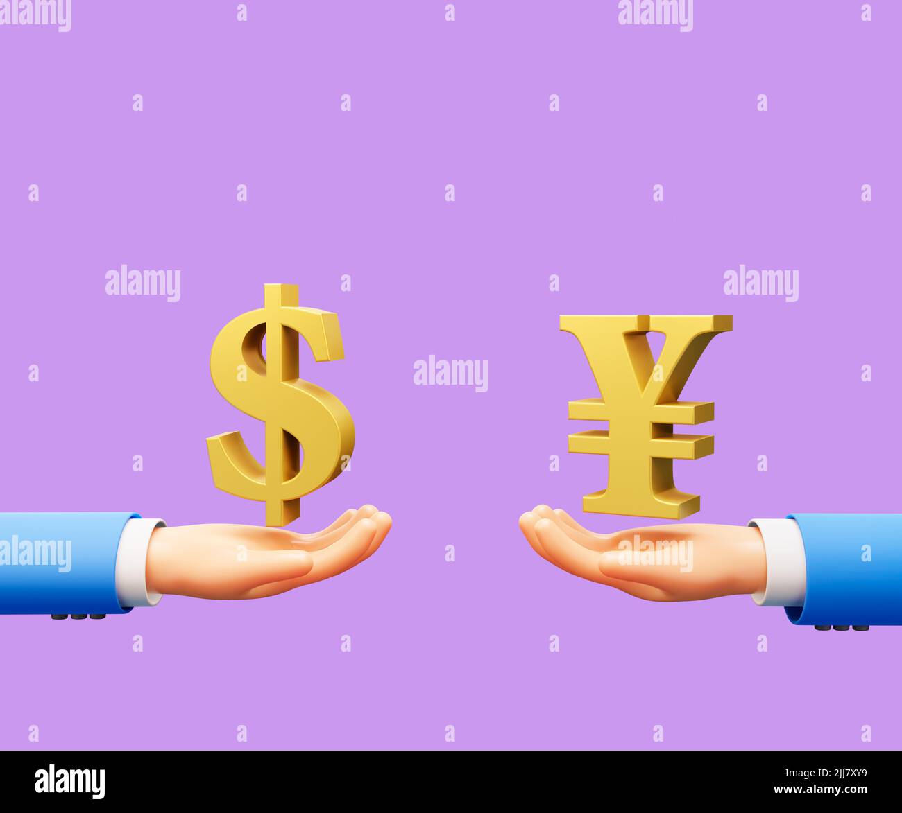 3D mano de dibujos animados Cambio de moneda yenes y dólar 3D ilustración Foto de stock