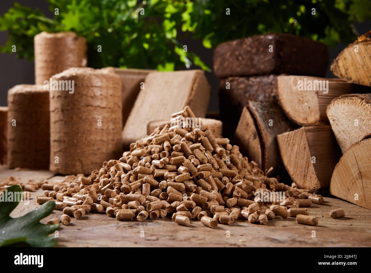 Pila de pellets de madera dispuestos sobre la mesa cerca de madera cortada y briquetas de biomasa comprimida contra frondoso árbol verde durante el día Foto de stock