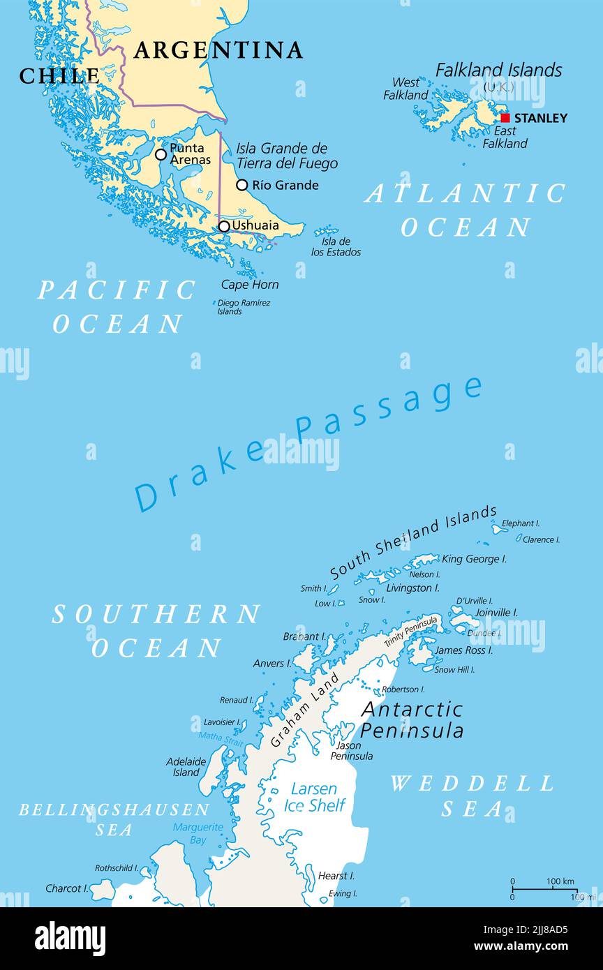 Pasaje Drake, mapa político. Mar de Hoces, masa de agua entre el Cabo de Hornos y la Península Antártica. Conecta el Océano Atlántico con el Océano Pacífico. Foto de stock