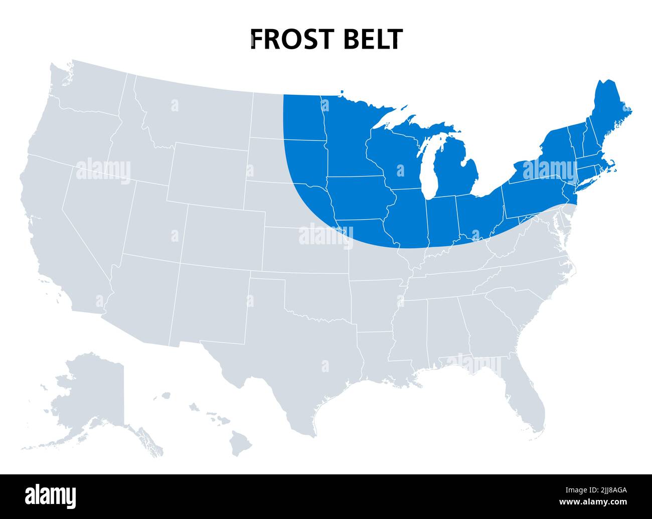 Cinturón de las heladas de los Estados Unidos, mapa político. Región en el noreste, incluyendo la región de los Grandes Lagos y parte del Medio Oeste Superior. Foto de stock