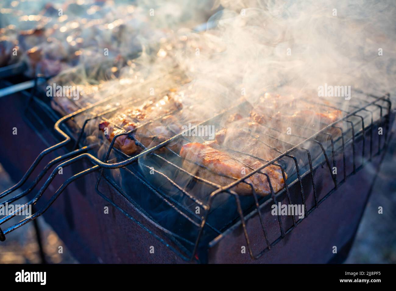 Primer plano del sabroso plato a la parrilla. Proceso de cocinar el delicioso shashlik en la naturaleza. Deliciosa comida en brocheta de metal en la barbacoa. Hora de picnic Foto de stock