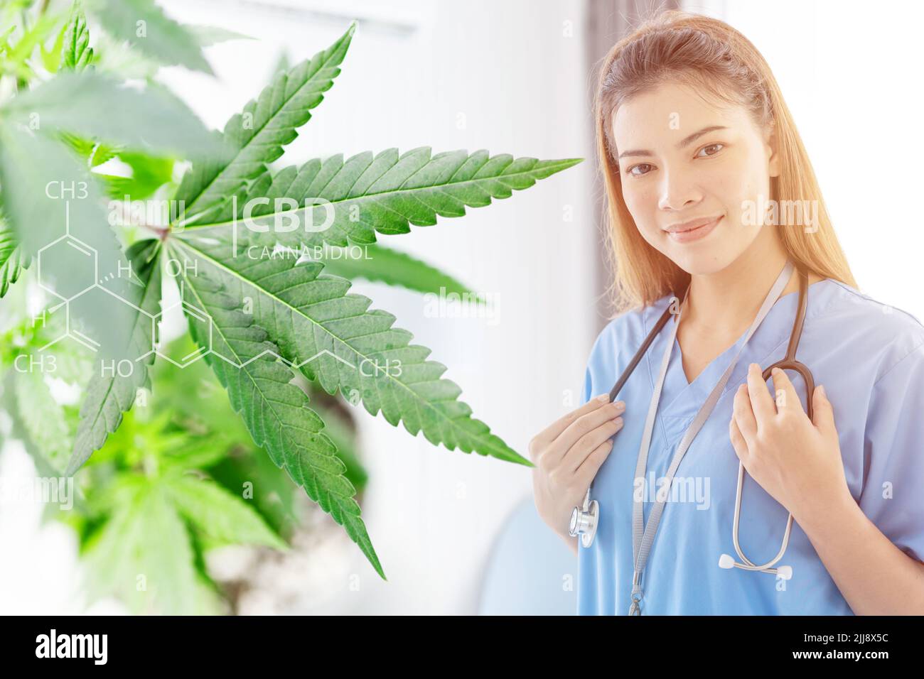 Cannabis planta de cáñamo con feliz médico sonrisa por el uso de CBD en la terapia médica alivio del dolor concepto. Foto de stock