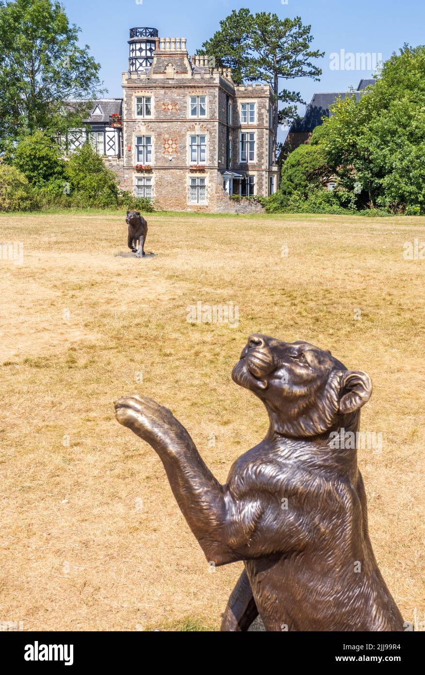 Orgullo de los leones de bronce en Clifton Down en Bristol, Reino Unido - La exposición al aire libre Born Free Forever que destaca la difícil situación de los leones en plena naturaleza Foto de stock