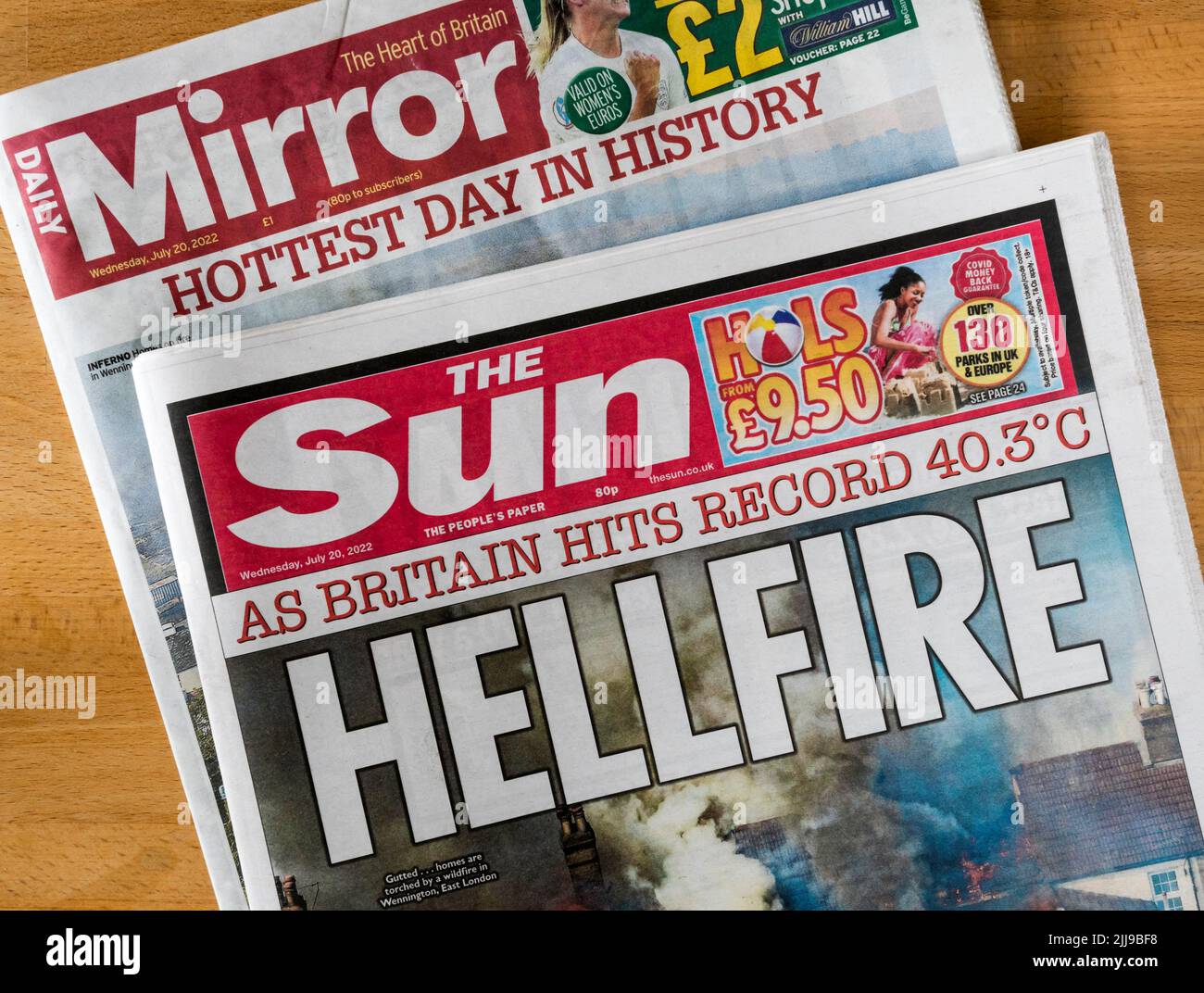 El Sun and Daily Mirror registra el 19 de julio de 2022 como el día más caluroso jamás registrado en Gran Bretaña a 40,3 grados centígrados. Foto de stock