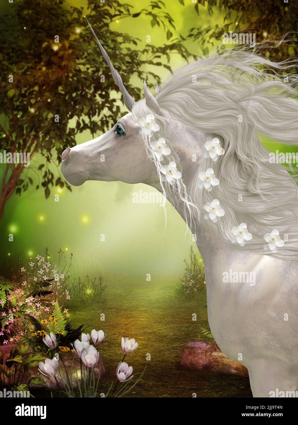 El Unicornio es un caballo blanco con cuernos, criatura de folklore y leyenda que vive en un bosque mágico. Foto de stock