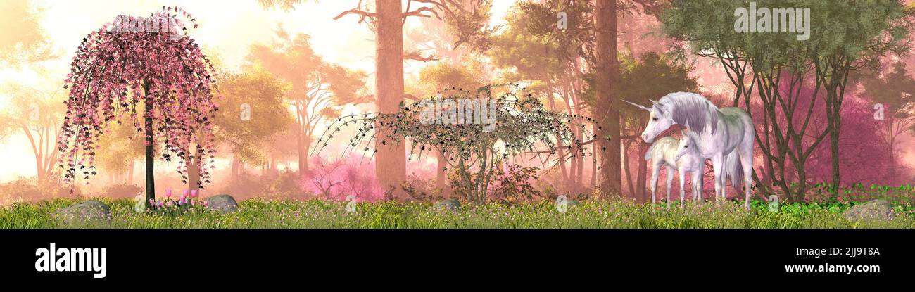Una madre de unicornio blanco protege a su pequeño potro en un bosque mágico lleno de flores y hermosos árboles. Foto de stock