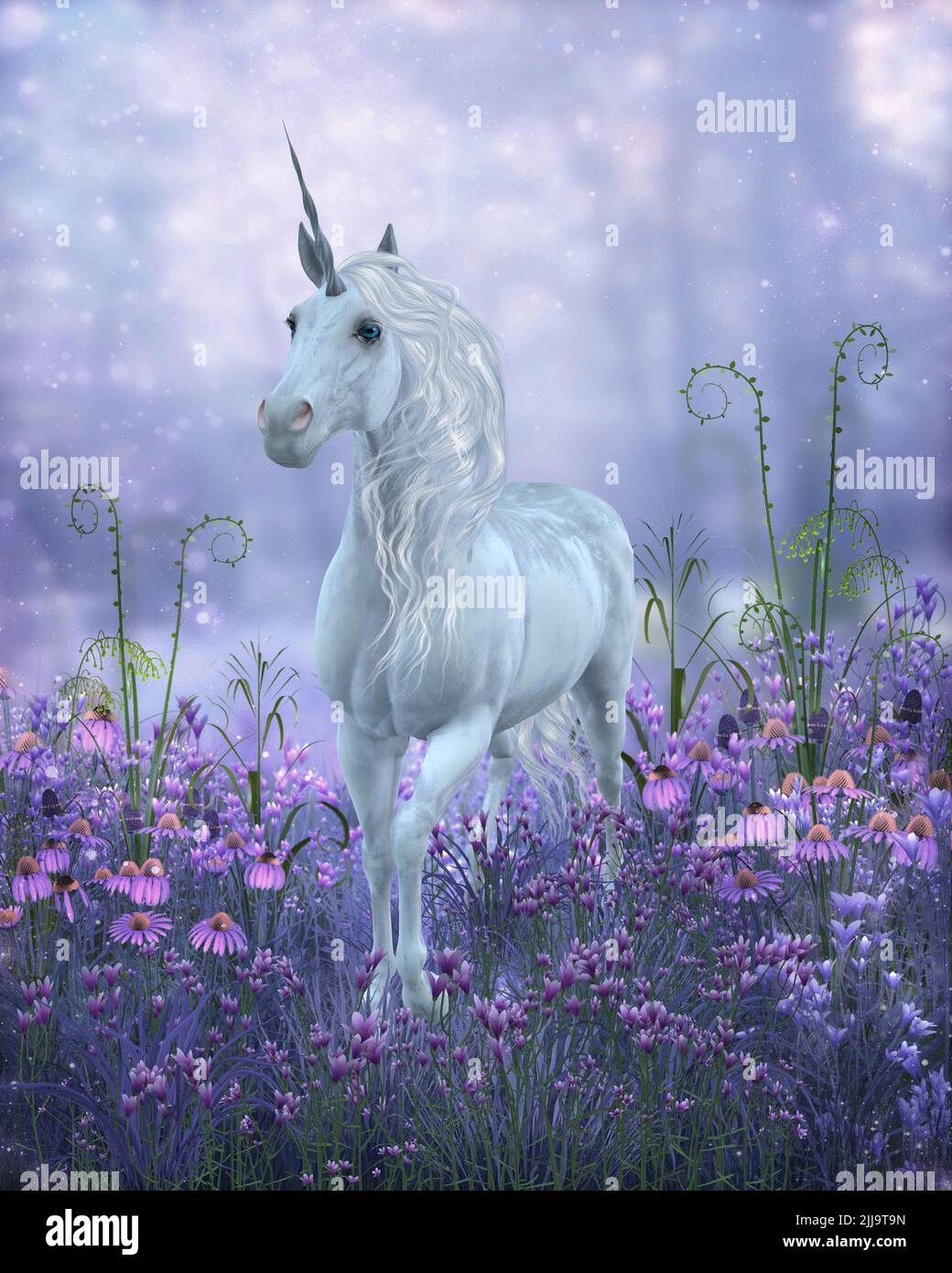Un legendario unicornio blanco rebosa a través de flores de campana púrpura en un paseo por el bosque mágico. Foto de stock