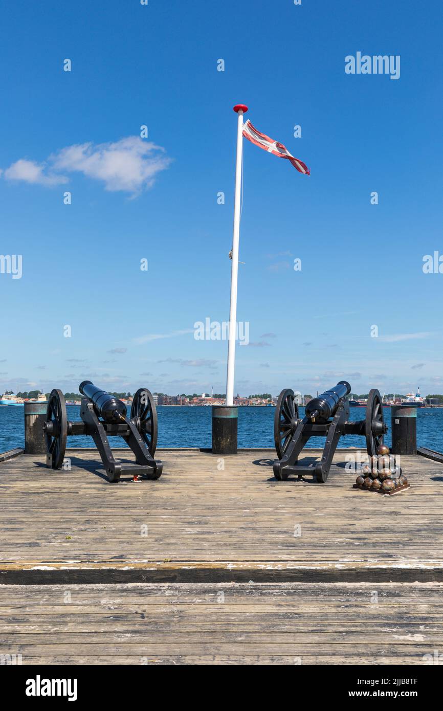 Monumento con cañones y bolas de cañón para la Primera Guerra de Schleswig en Strib, Funen, Dinamarca. Puerto de Fredericia en el fondo Foto de stock