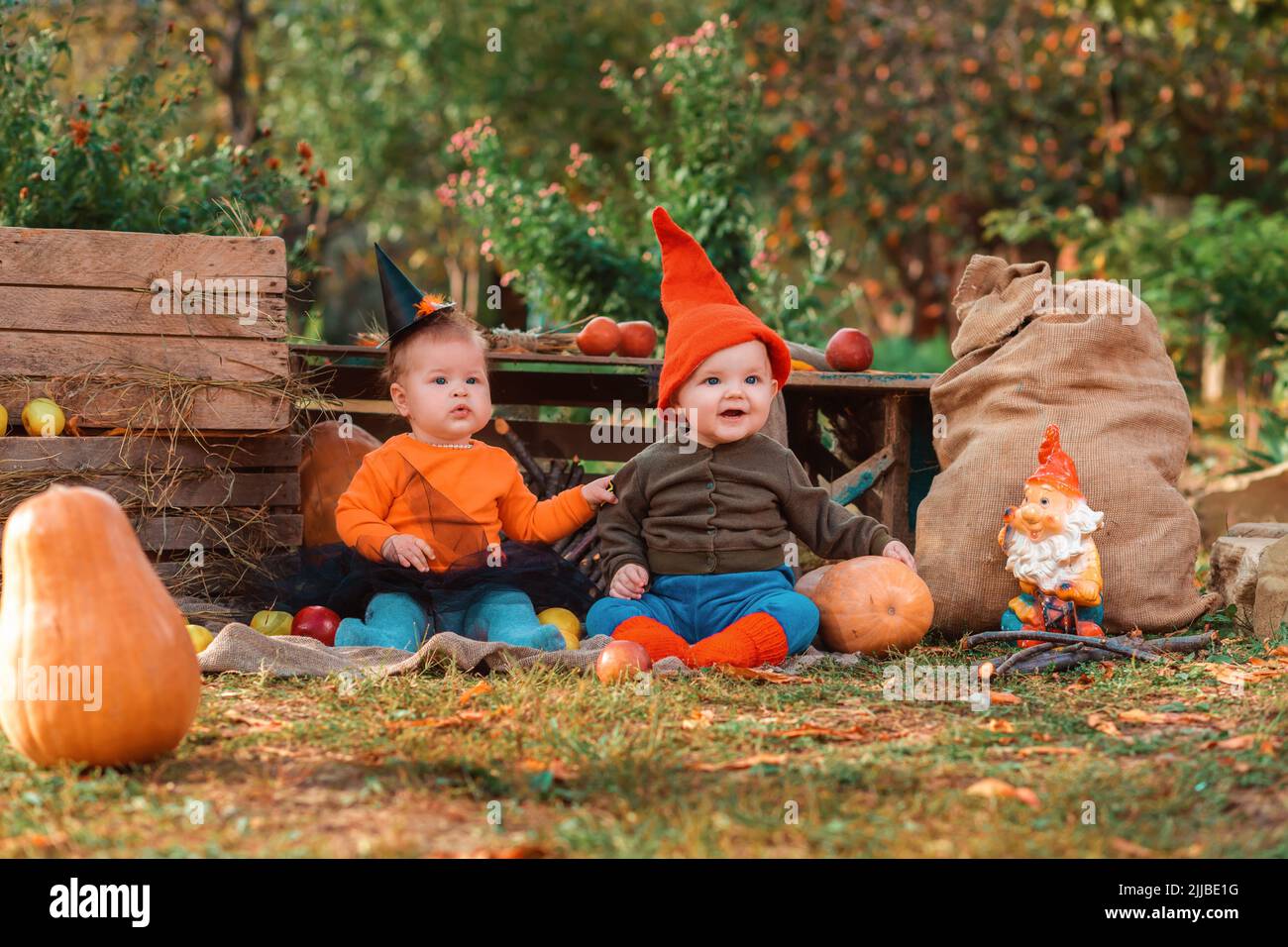 Halloween. Bebés en un traje de vacaciones sentado en la cocina-jardín. Niños disfrazados de bruja y enano. Calabazas y cajas de madera en el fondo Fotografía de stock - Alamy Halloween. Bebés en un traje de vacaciones sentado en la cocina-jardín. Niños disfrazados de bruja y enano. Calabazas y cajas de madera en el fondo Fotografía de stock - Alamy