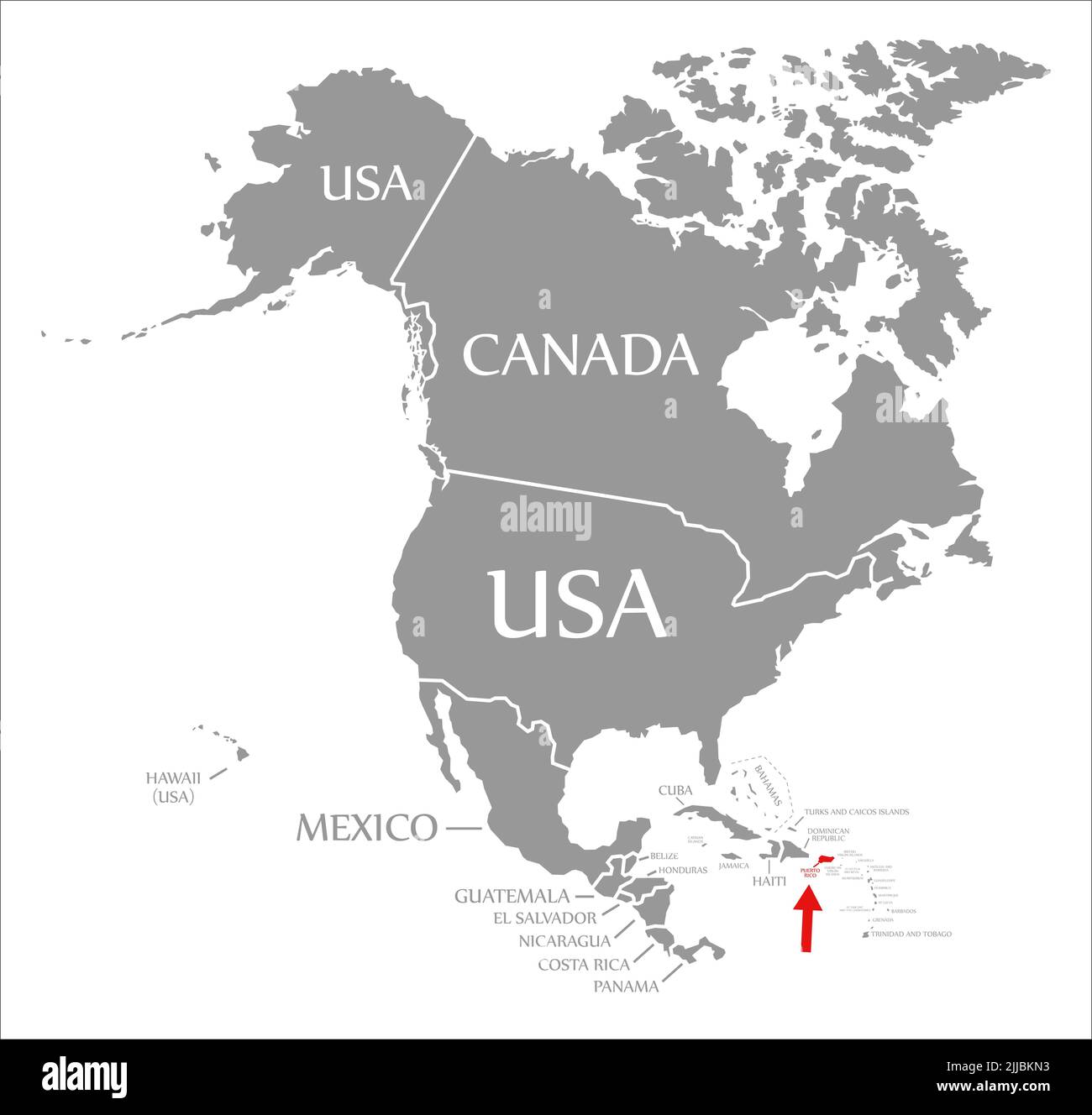 Puerto Rica se destaca en rojo en el mapa de América del Norte Foto de stock