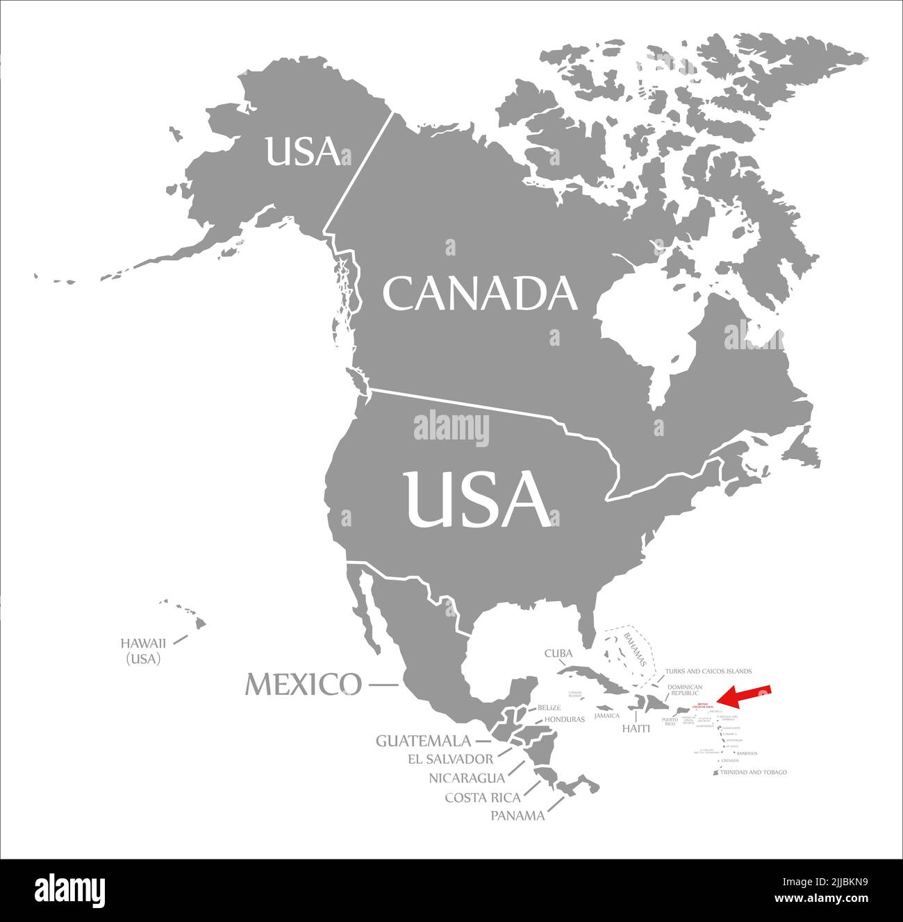 Islas Vírgenes Británicas resaltadas en rojo en el mapa de América del Norte Foto de stock