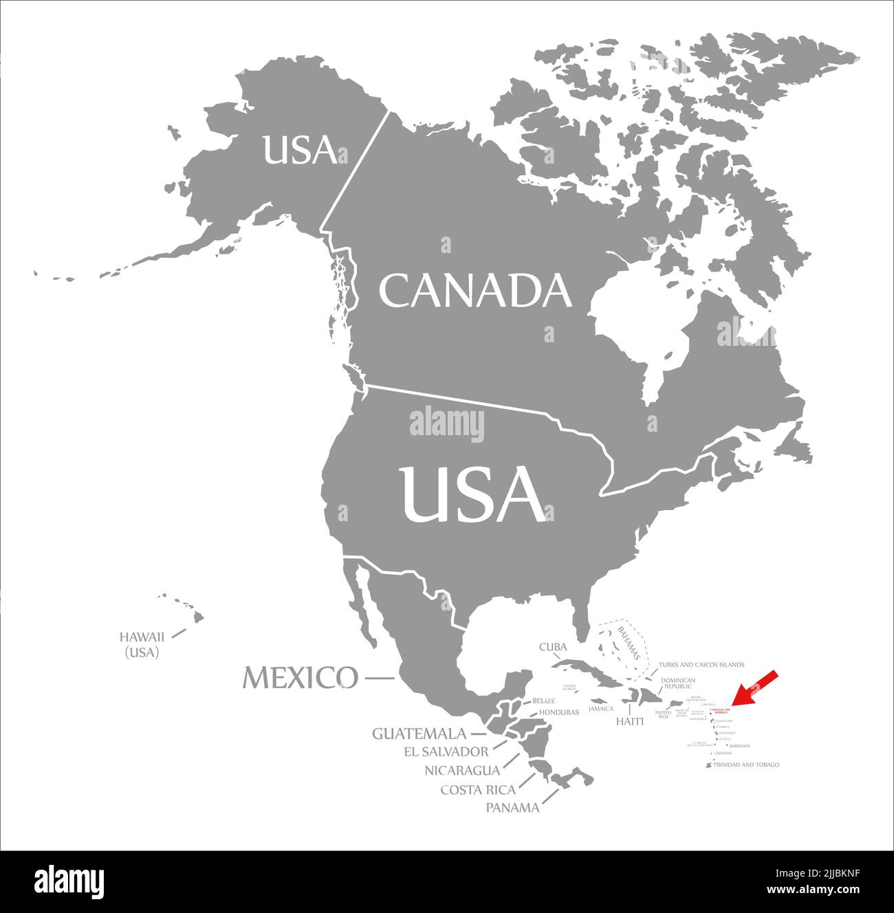 Antigua y Barbuda en rojo resaltado en el mapa de América del Norte Foto de stock