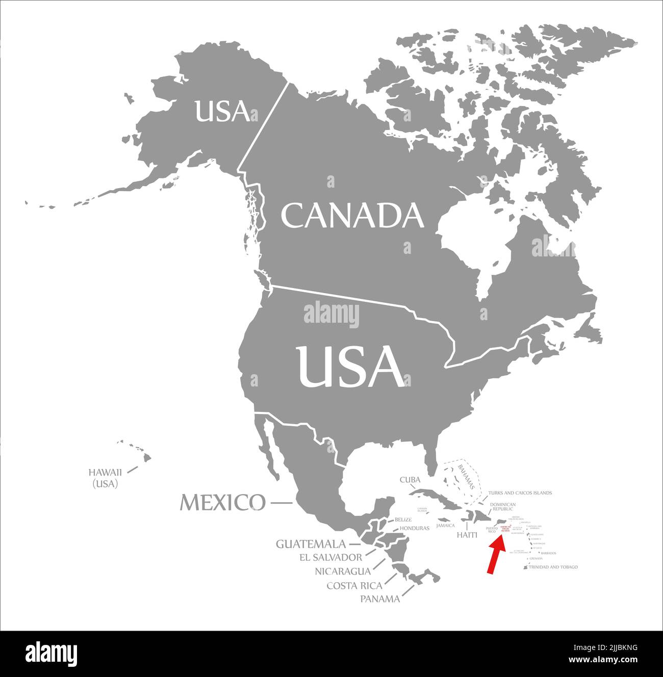 Islas Vírgenes Americanas resaltadas en rojo en el mapa de América del Norte Foto de stock