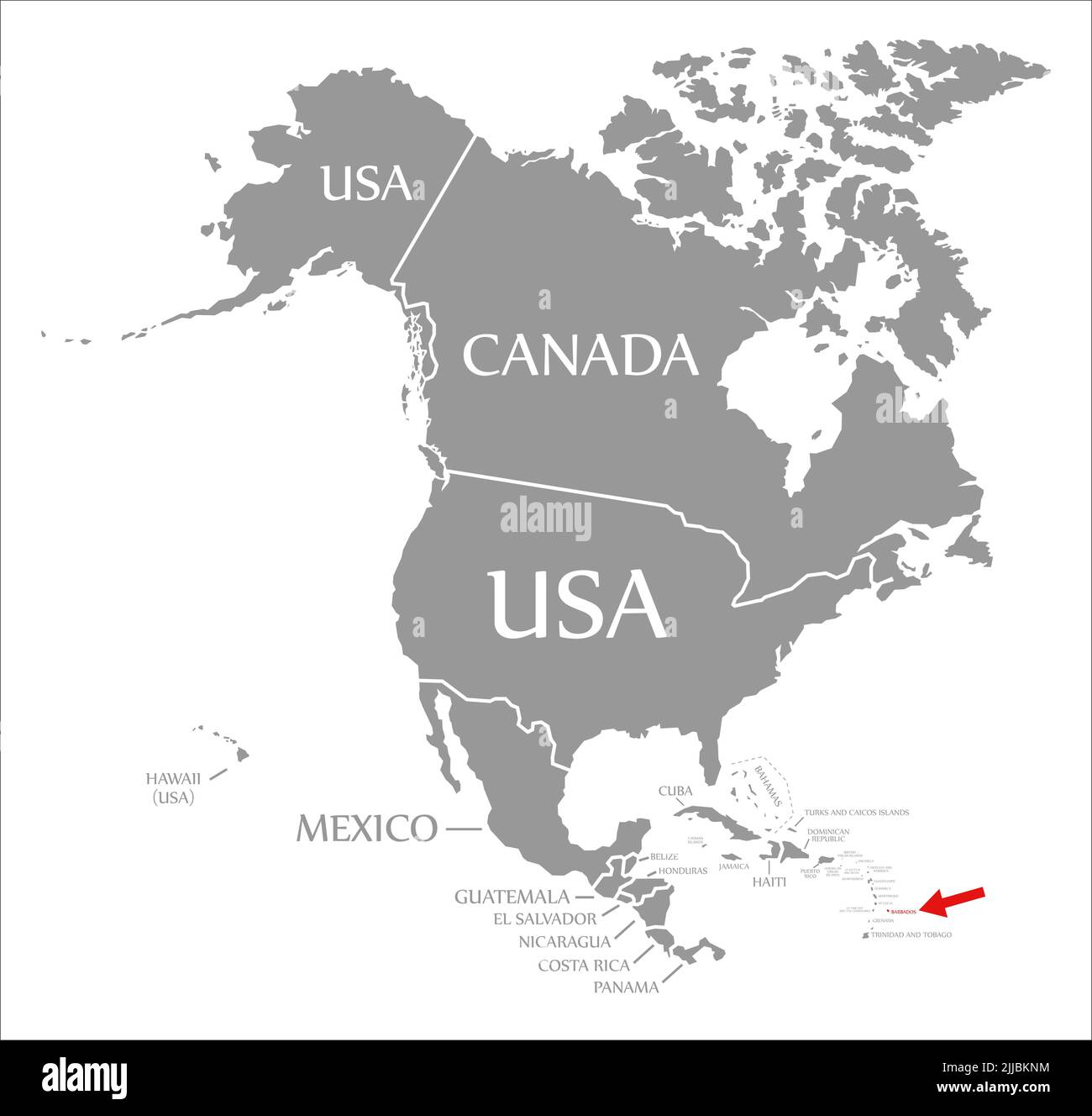 Barbados resaltado en rojo en el mapa de América del Norte Foto de stock
