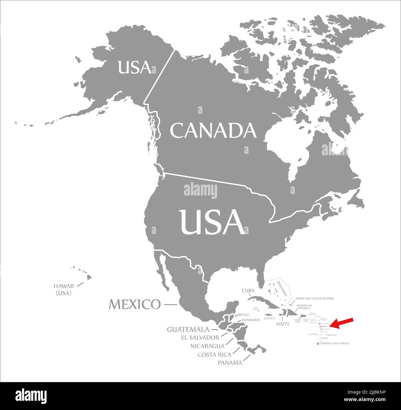 Dominica destacó en rojo en el mapa de América del Norte Foto de stock